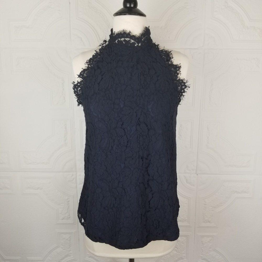 Jonesy Navy Blue Lace Mock Neck Tank Top - Picture 2 of 7